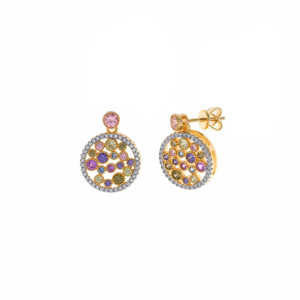PENDIENTES PLATA CHAPADO DORADO REDONDOS CIRCONITAS MULTICOLOR