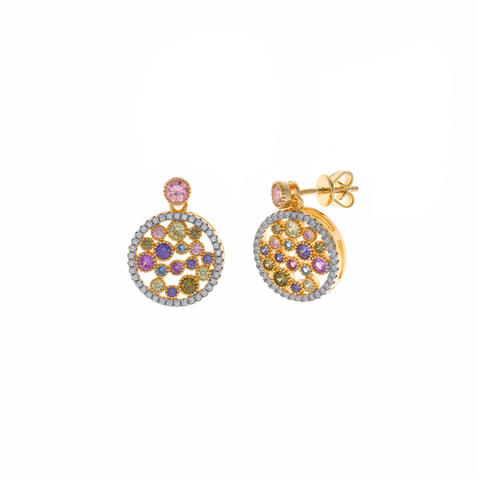PENDIENTES PLATA CHAPADO DORADO REDONDOS CIRCONITAS MULTICOLOR