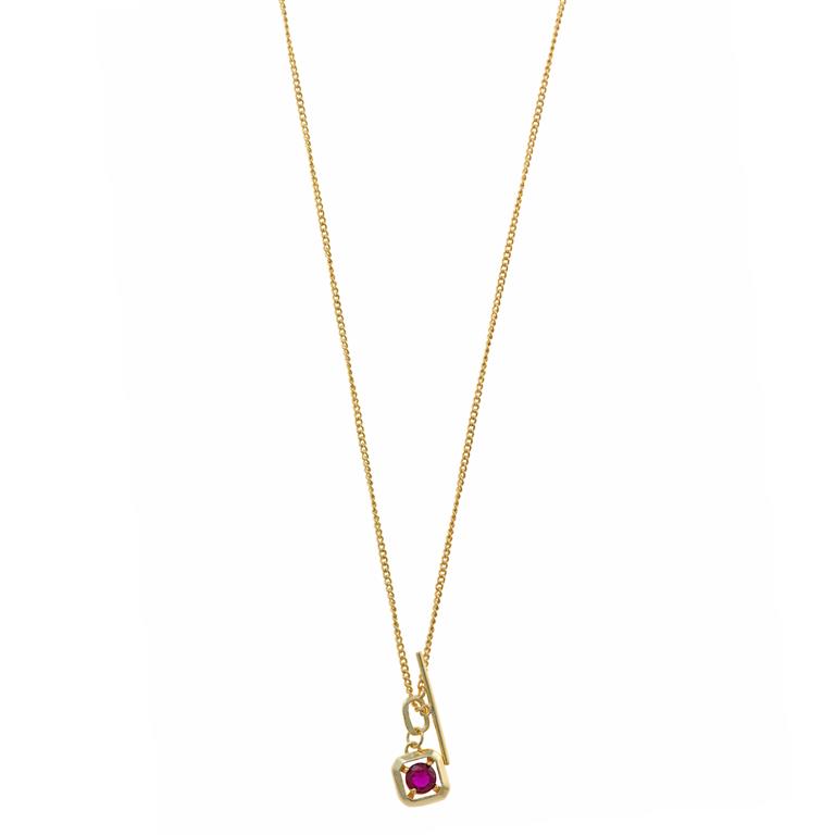 COLLAR PLATA CHAPADO DORADO CUADRADO CIRCONITA RUBI BRILLANTE CON BARRA
