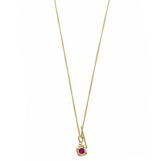 COLLAR PLATA CHAPADO DORADO CUADRADO CIRCONITA RUBI BRILLANTE CON BARRA