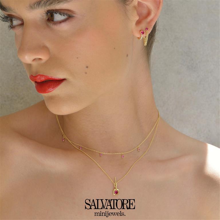 COLLAR PLATA CHAPADO DORADO CUADRADO CIRCONITA RUBI BRILLANTE CON BARRA