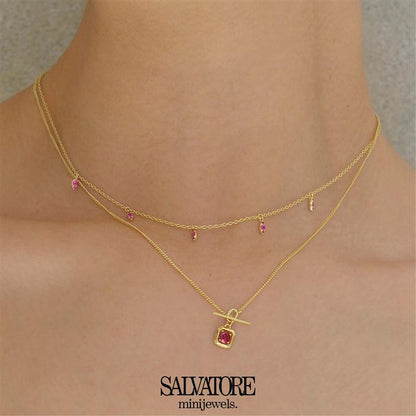 COLLAR PLATA CHAPADO DORADO CUADRADO CIRCONITA RUBI BRILLANTE CON BARRA