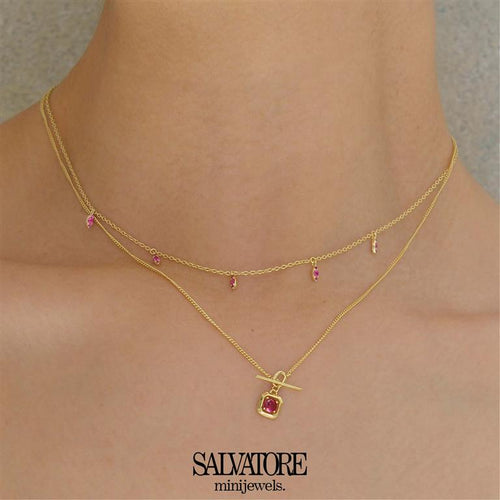 COLLAR PLATA CHAPADO DORADO CUADRADO CIRCONITA RUBI BRILLANTE CON BARRA