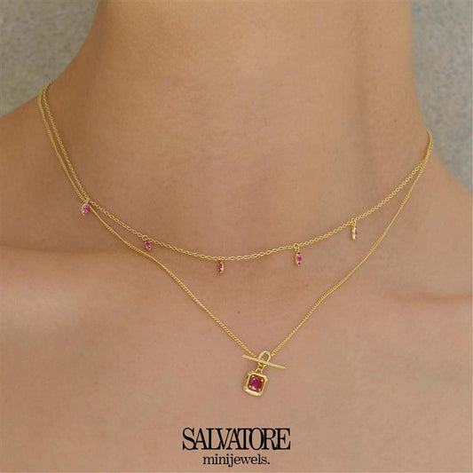 COLLAR PLATA CHAPADO DORADO CUADRADO CIRCONITA RUBI BRILLANTE CON BARRA