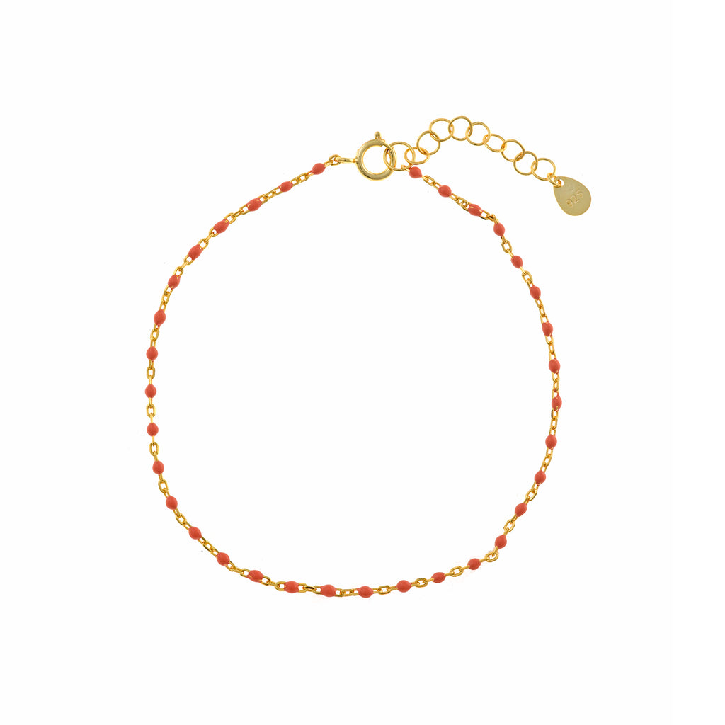 PULSERA PLATA CHAPADO DORADO BOLITAS ESMLALTADAS CORAL