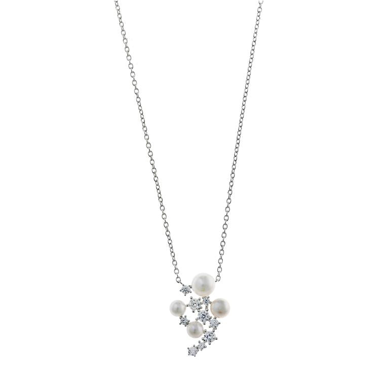 COLLAR PLATA RODIO CIRCONITAS BLANCAS BRILLANTES PERLAS BOTON AGUA DULCE