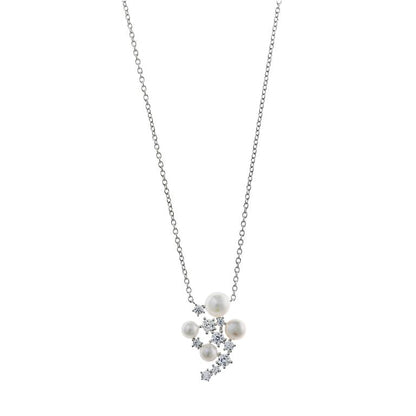 COLLAR PLATA RODIO CIRCONITAS BLANCAS BRILLANTES PERLAS BOTON AGUA DULCE