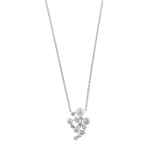 COLLAR PLATA RODIO CIRCONITAS BLANCAS BRILLANTES PERLAS BOTON AGUA DULCE