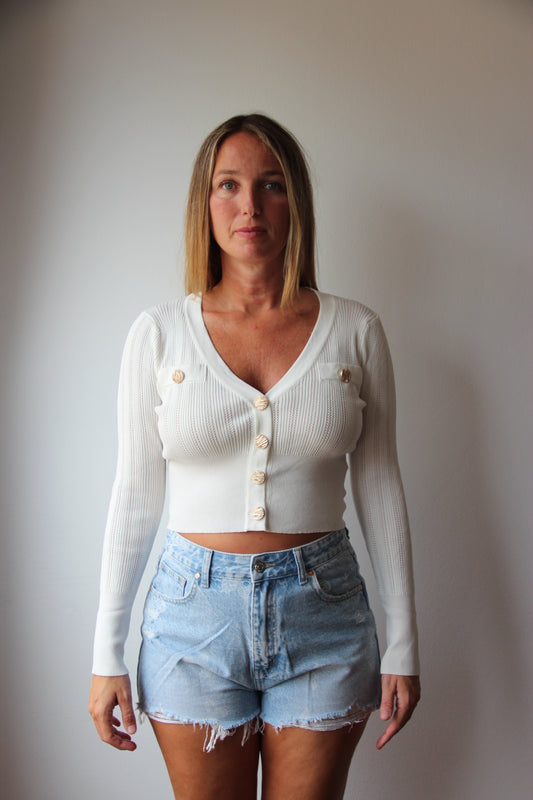 Chaqueta Punto Ajustada Manga Larga Botones Contraste Blanca