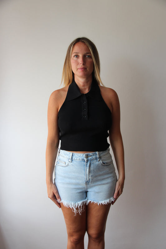 Top Halter Cuello Camisero Negro