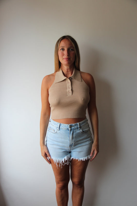 Top Halter Cuello Camisero Camel