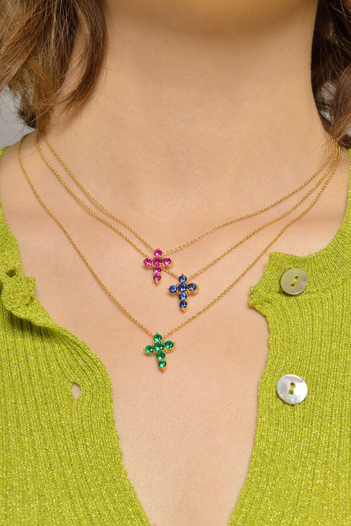 COLLAR PLATA CHAPADO DORADO CRUZ CIRCONITAS NANO ESMERALDA